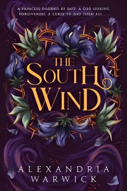 Boekcover van the south wind door alexandra warwick met donkerpaarse achtergrond en goudkleurige sierlijke bloemmotieven