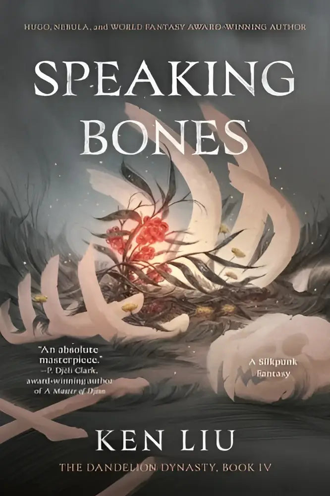 De speaking bones boekomslag toont skeletachtige handen die rode bloemen vasthouden tegen een donkere achtergrond