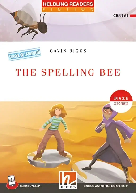 Achterkant De spellingbij boek door Gavin Biggs met kleurrijke illustraties