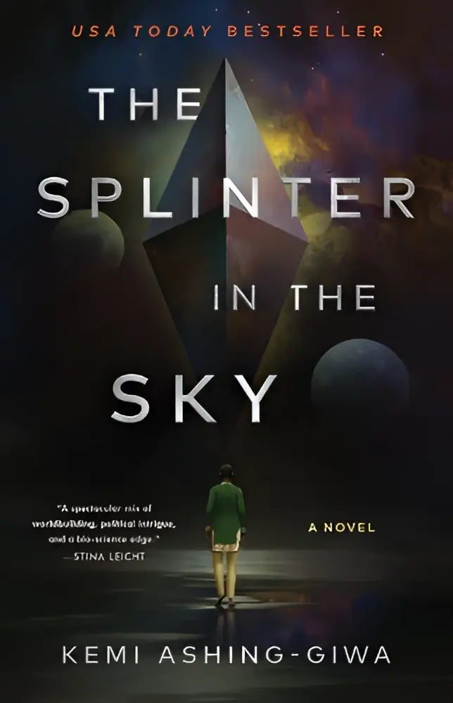 The splinter in the sky space opera novel cover features a lone figure with bold white lettering on a dark background