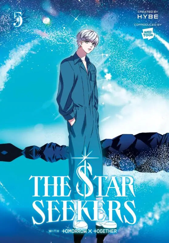 A stylized anime character with silver hair in a dark teal jumpsuit on a vibrant blue cosmic background in the star seekers vol 5 comic