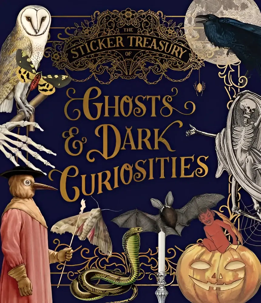 The sticker treasury of ghosts & dark curiosities book cover features ornate gold lettering and intricate navy illustrations