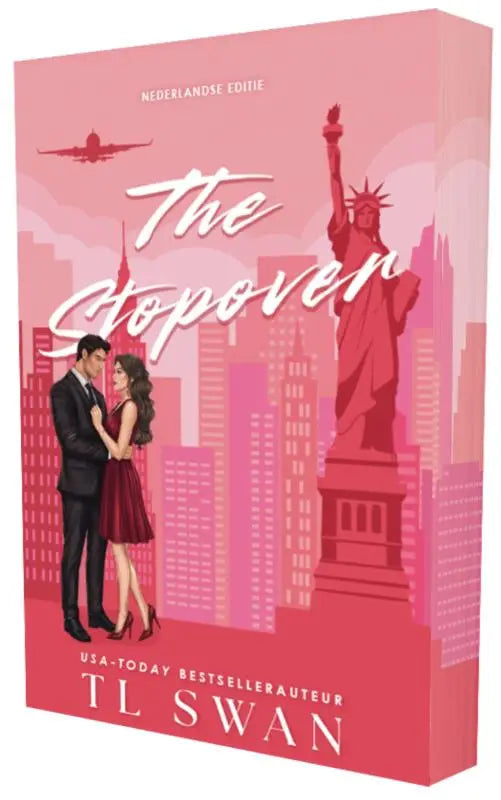 Roze hardcover boek the stopover van tl swan met romantische illustratie van koppel en new york skyline