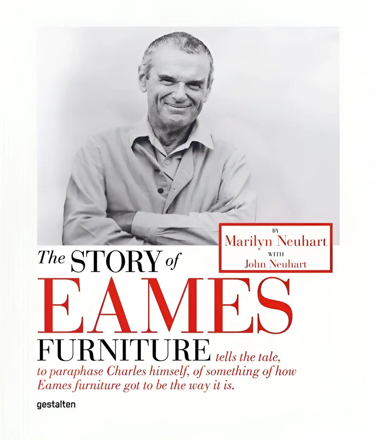De cover van het boek the story of eames furniture toont een zwartwit portret en gedurfde rode typografie