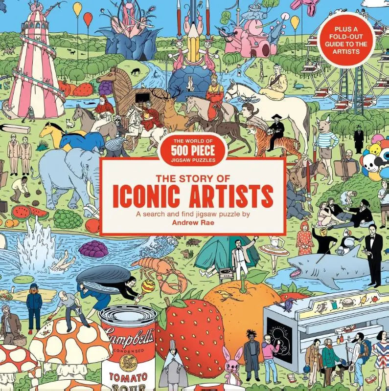 De cover van the story of iconic artists puzzleboek met een kleurrijke illustratie voor een kunstgeschiedenis legpuzzel van 500 stukjes