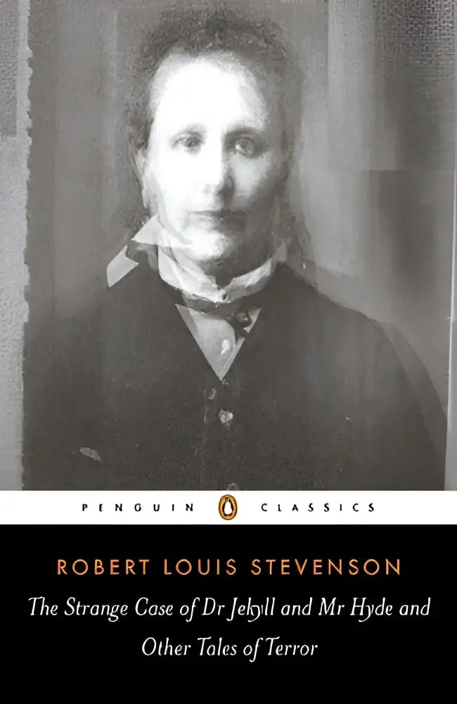 Zwart-witte boekomslag met portret van robert louis stevenson en titel the strange case of dr jekyll and mr hyde van penguin classics