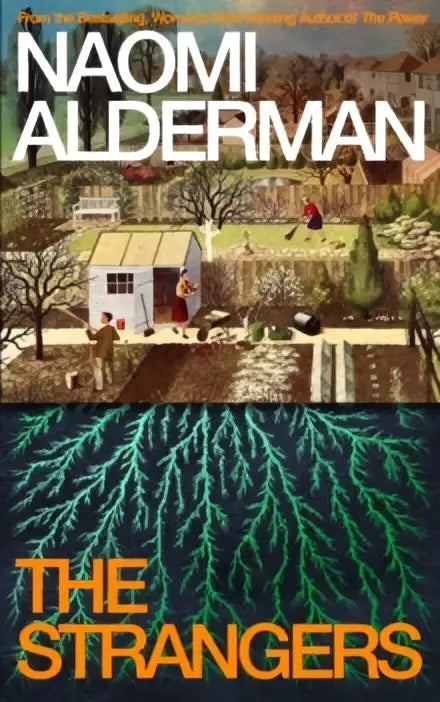 Boekcover van the strangers signed edition van naomi alderman met illustratie van platteland en blauwgroene boomwortels