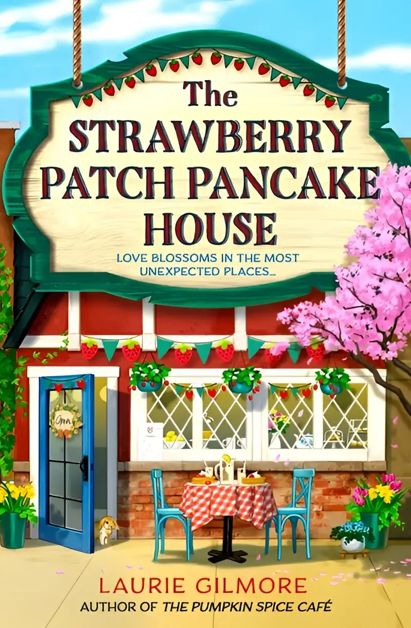 De strawberry patch pancake house bord met creamkleurige houten plaquette, groene rand en rode aardbeiendecoraties