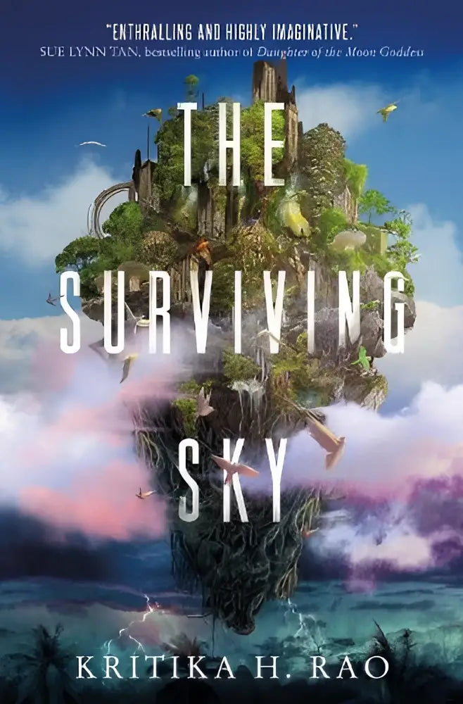 Fantasy boekcover the surviving sky met drijvend eiland, weelderig groen, oude ruïnes en lucht met wolken en vogels