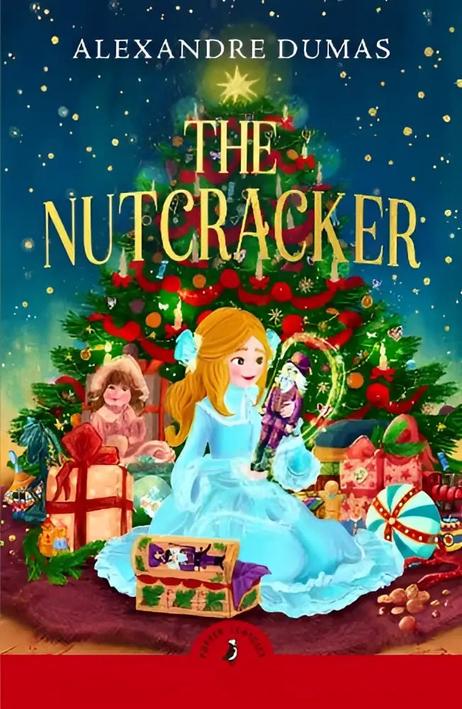 Feestelijk kinderboek the tale of the nutcracker door alexandre dumas met gouden titel en meisje in lichtblauwe jurk bij kerstboom