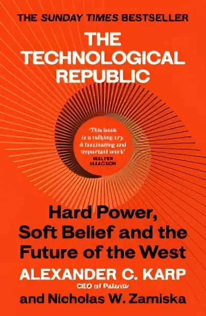 The technological republic book cover features a bold orange background with black text highlighting hard power and soft belief themes