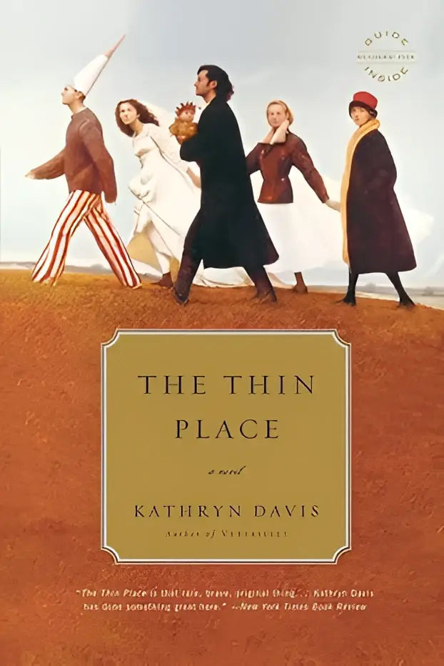 The thin place door kathryn davis is a novel with an illustrated cover showing five figures crossing a golden field under a pale sky
