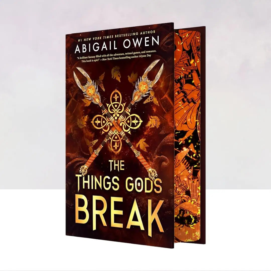 The things gods break door abigail owen hardcover met ornaten cover en gouden speren op roodbruine achtergrond voor greek gods romantasy