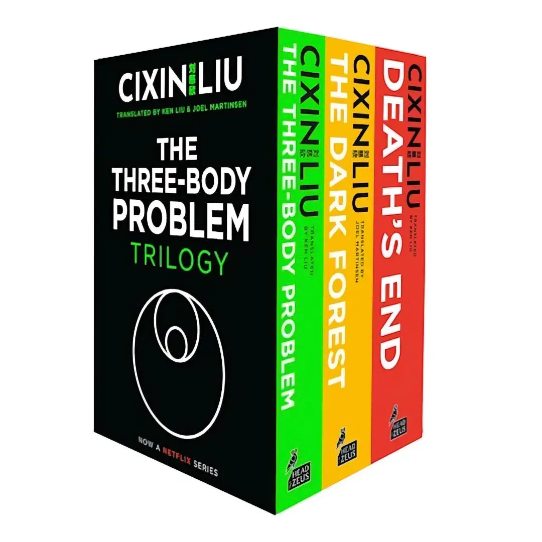 Zwarte hardcover boxset van the three-body problem trilogie door cixin liu met groene gele en rode ruggen