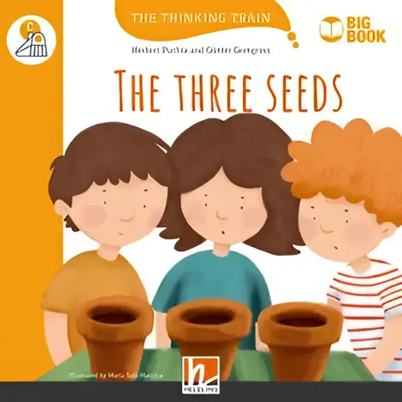 The Thinking Train grote boek De drie zaden met drie cartoonkinderen achter terracotta potten