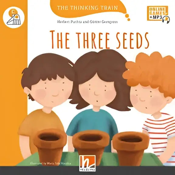 Omslag Thinking Train boek De drie zaden met drie kinderen bij terracotta potten