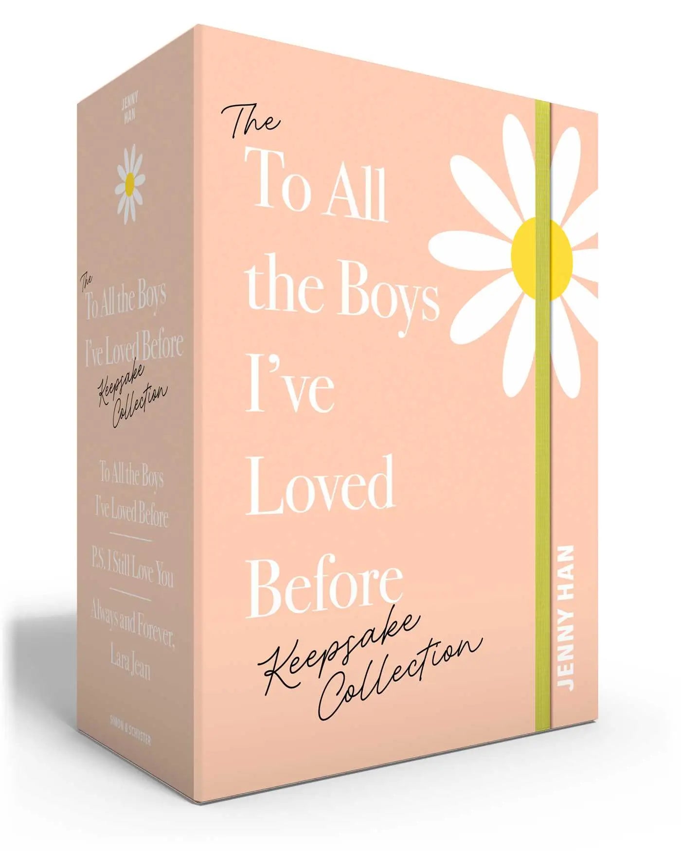 Pastelroze box met grote witte madelief en titel the to all the boys ive loved before keepsake collection van jenny han