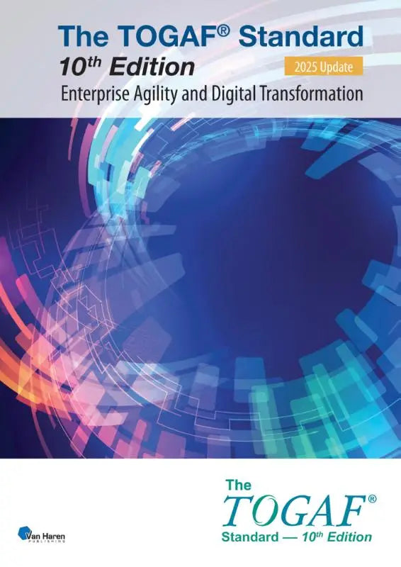 The togaf standard 10th edition book cover features a dynamic blue and purple digital design for enterprise agility and digital transformation