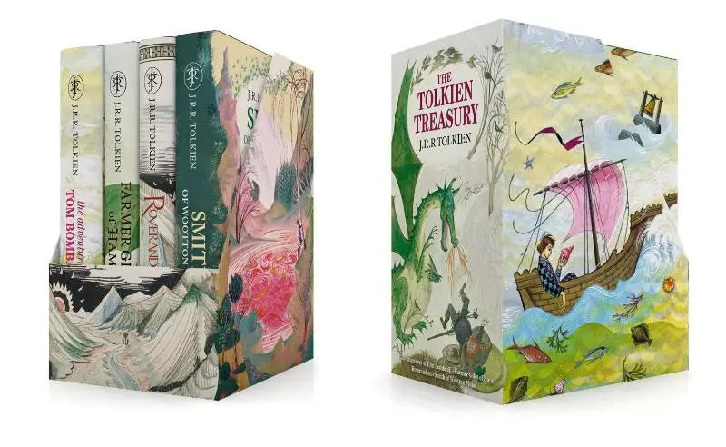The tolkien treasury boxed set with a colorful dragon and boat illustrated cover featuring roverandom and other tales