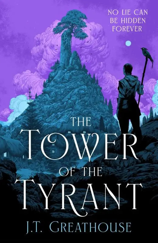 The tower of the tyrant book cover features a spellbinding and epic fantasy scene with deep purples and blues