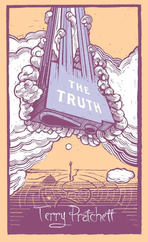 Cover van de discworld novel the truth met een gestileerde torenillustratie en witte titel op paars-oranje achtergrond