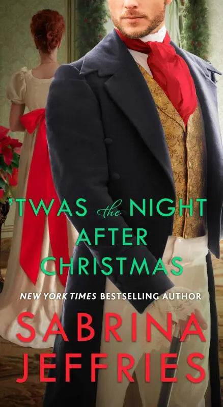 A man wearing a dark blue formal coat with gold embroidery and red cravat in the twas the night after christmas