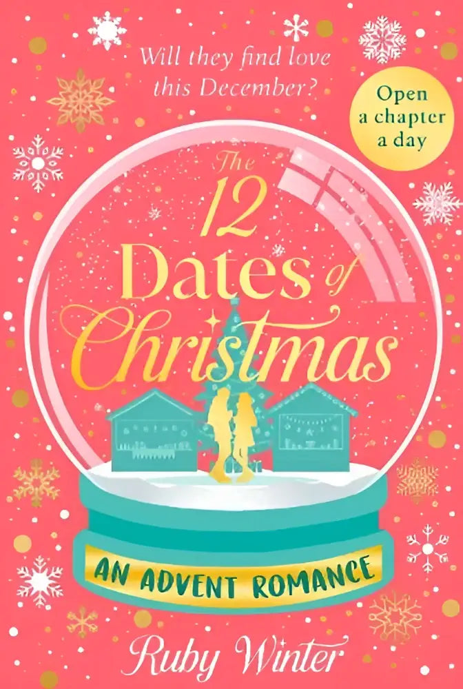 The twelve dates of christmas boek met een feestelijk sneeuwbol design met gouden en teal accenten, perfect voor fans van ruby winter en hedendaagse liefdesromans met forced proximity thema