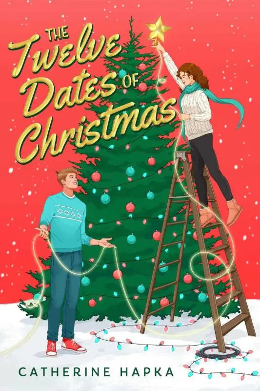 De cover van het boek the twelve dates of christmas toont een rood vlak met een paar dat een kerstboom versiert
