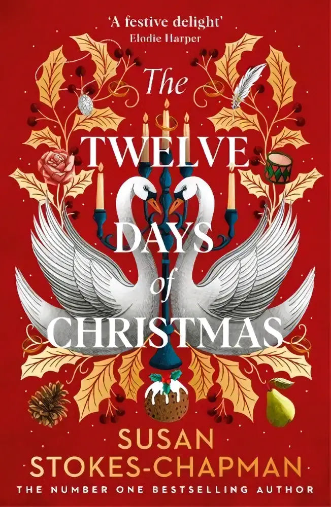 The twelve days of christmas boekomslag met twee witte zwanen en gouden hulstkransen op een rode achtergrond pre-order the twelve