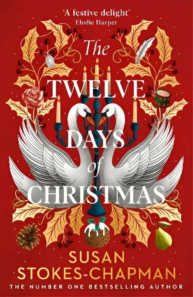 The twelve days book cover with two white swans and gold holly on red background by vintage publishing