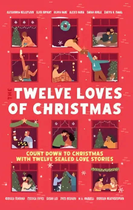 Rood boek the twelve loves van christmas met witte tekst en feestelijke illustraties van koppels in holiday love stories