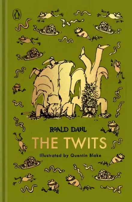 Green hardcover book the twits by roald dahl with beige whimsical creature illustrations on the cover