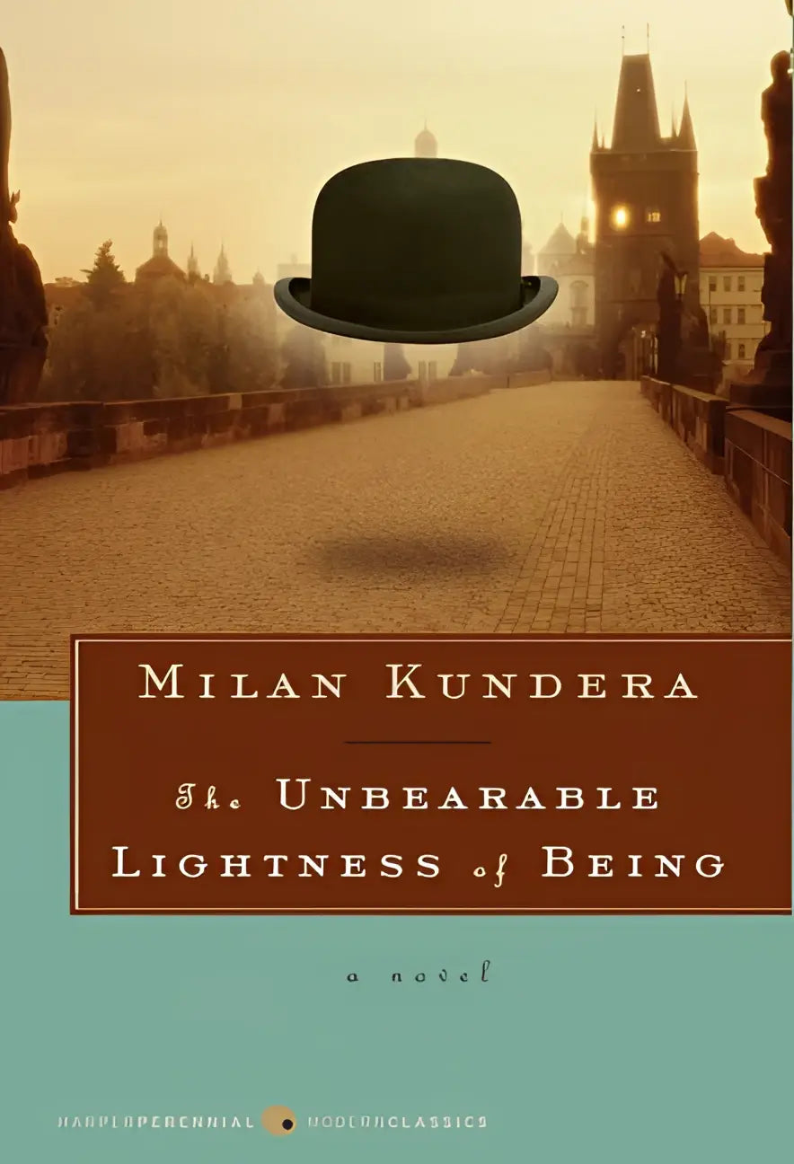 A dark green bowler hat floating above a cobblestone bridge at sunset for the unbearable lightness novel
