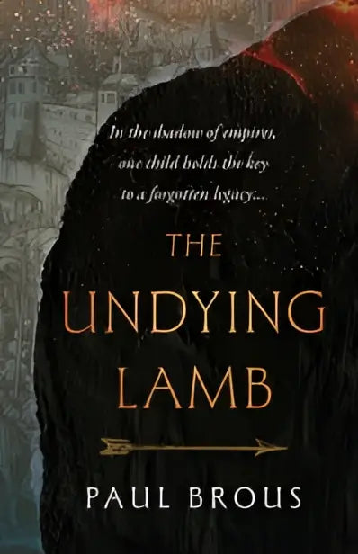 The undying lamb boekcover met gouden titel op een donkere, getextureerde achtergrond met steen en schaduwfiguren