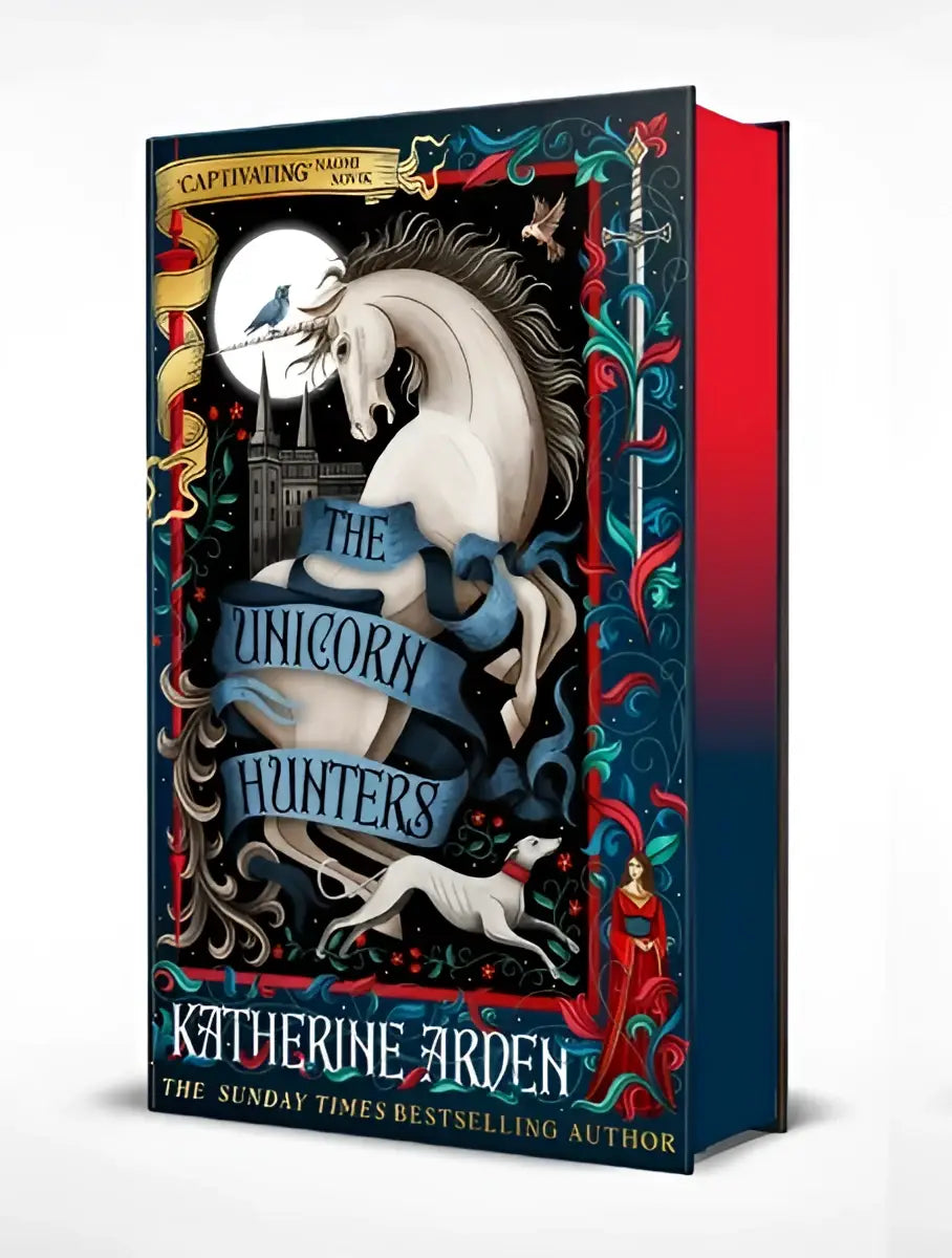 De unicorn hunters signed edition boek heeft een donkerblauw en rood omslag met een witte unicorn in beweging bij maanlicht