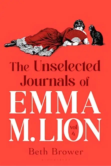 Rood boekomslag van the unselected journals met een vrouw in rode kleding die ontspant met een zwarte kat volume 4