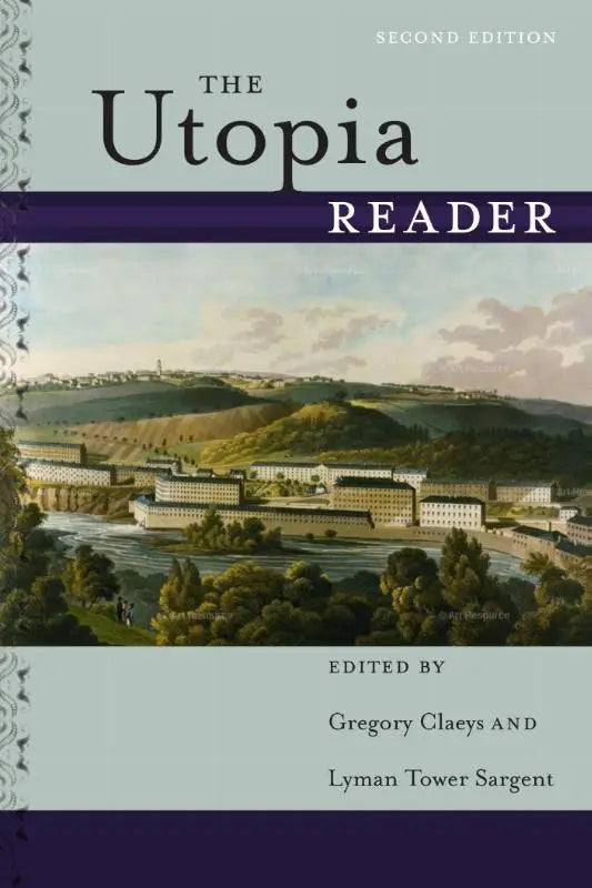 The utopia reader second edition is a hardcover book with a teal and purple cover featuring an illustrated riverside landscape