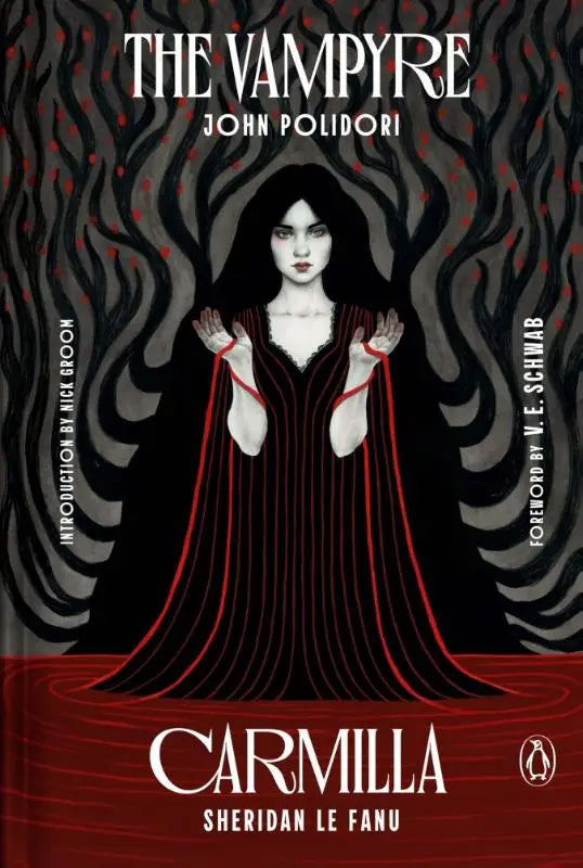 De cover van the vampyre and carmilla toont een vrouw in een zwartrode japon tegen een donkere achtergrond