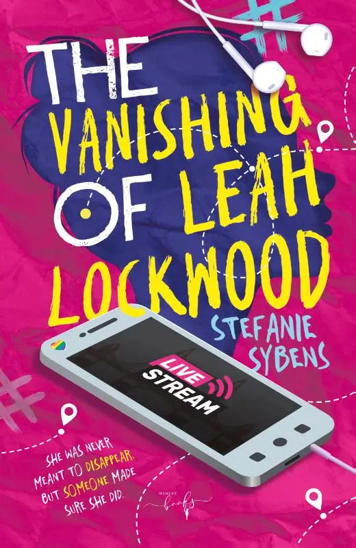 Witte smartphone met zwart scherm en rode en witte tekst live stream diagonaal op de voorkant van the vanishing of leah lockwood