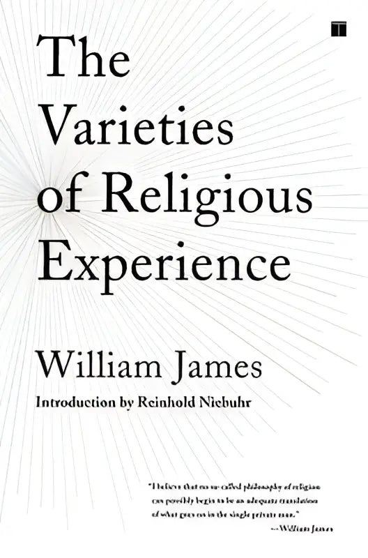 De boekcover van the varieties of religious experience door william james met zwart tekst op witte achtergrond en subtiele radialen lijnen