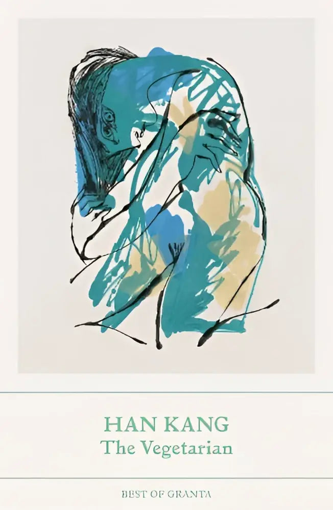 The vegetarian boekcover met abstracte illustratie in teal en beige tonen winnaar nobelprijs literatuur 2024