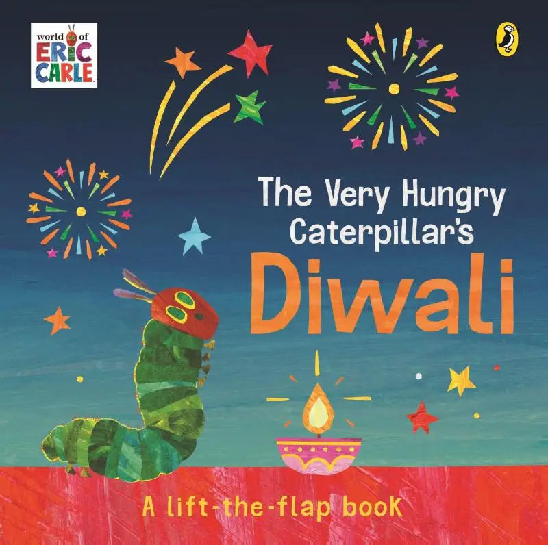 The very hungry caterpillar’s diwali colorful lift-the-flap pop-up book with green caterpillar and festive fireworks background