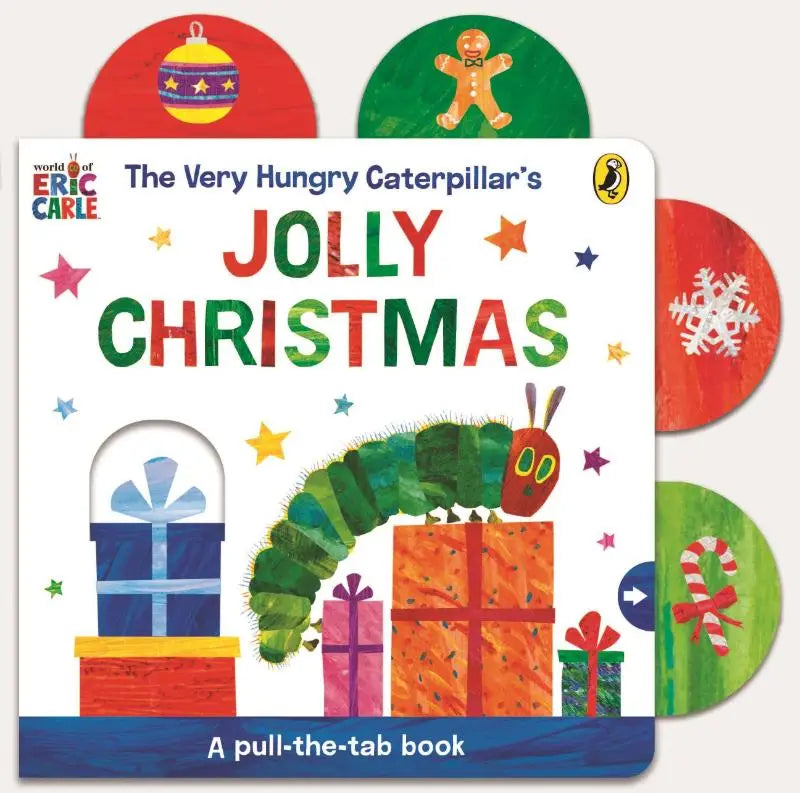 The very hungry caterpillars jolly christmas is a colorful interactive pull-the-tab children’s book with festive elements
