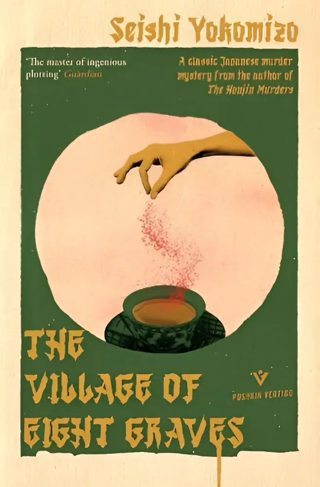 Boekcover van the village of eight graves toont een hand die rood poeder in een donkergroene beker strooit