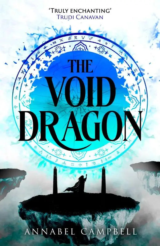The void dragon boekcover toont zwarte letters op een blauw cirkeldesign met witte patronen tegen een etherische lucht
