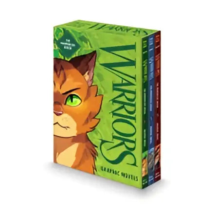 Green-covered warriors graphic novel box set featuring a cartoon orange cat with green eyes from the first warriors series by erin hunter