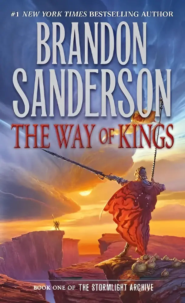 The way of kings boek een van the stormlight archive toont een krijger in rood harnas bij zonsondergang
