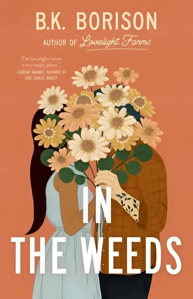 Boekcover van in the weeds met zachtperzikkleurige achtergrond en illustratie van twee personen met boeket bloemen