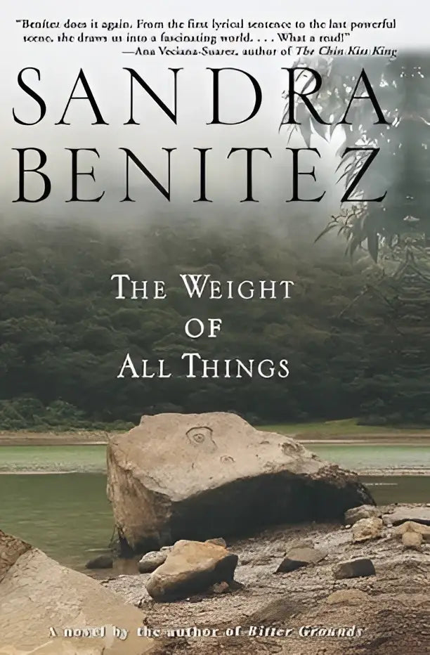 Hardcover boek the weight of all things van sandra benitez met mistig bos en rivier op de omslag
