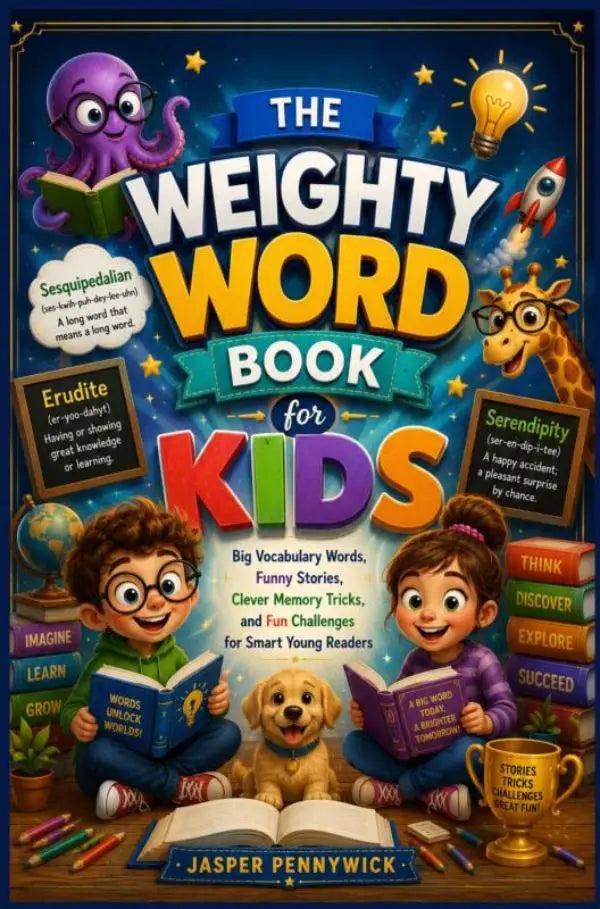 De weighty word book for kids is een kleurrijk kinderboek met big vocabulary words en grappige verhalen voor jonge lezers